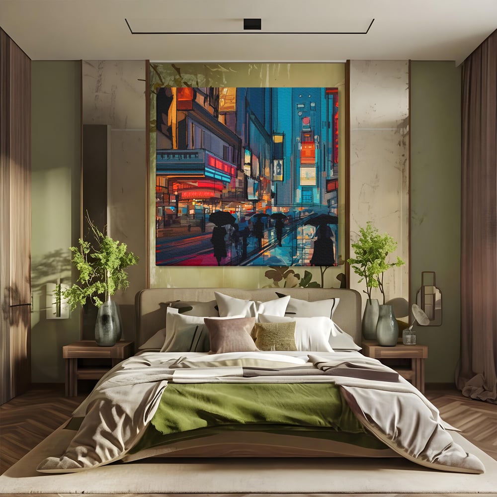 Leinwand Wandkunst Leinwand Premium, LuxCanva® C1162 Menschen gehen ins Kino, Innenstadt, Nachtleben, Wohnzimmer, lebendige Farben