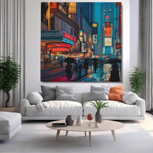 Leinwand Wandkunst Leinwand Premium, LuxCanva® C1162 Menschen gehen ins Kino, Innenstadt, Nachtleben, Wohnzimmer, lebendige Farben