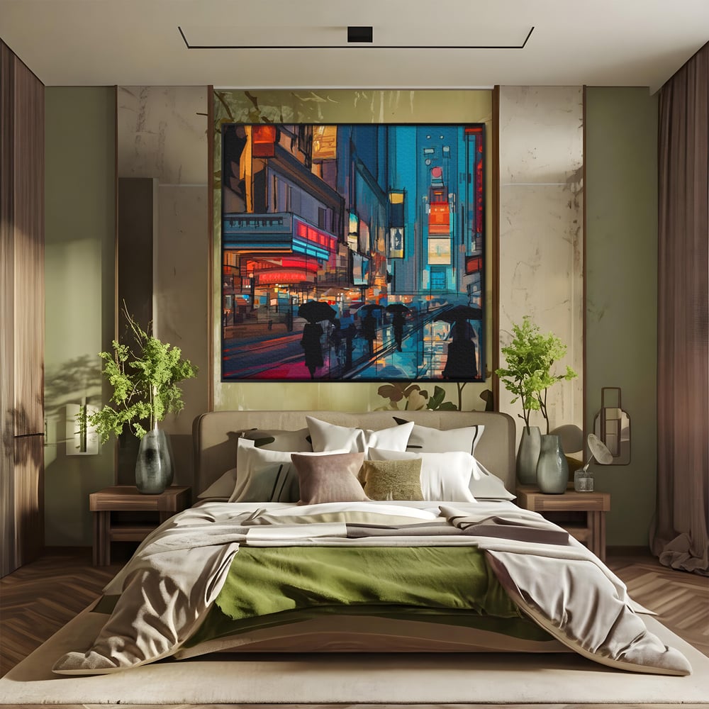 Leinwand Wandkunst Leinwand Premium, LuxCanva® C1162 Menschen gehen ins Kino, Innenstadt, Nachtleben, Wohnzimmer, lebendige Farben