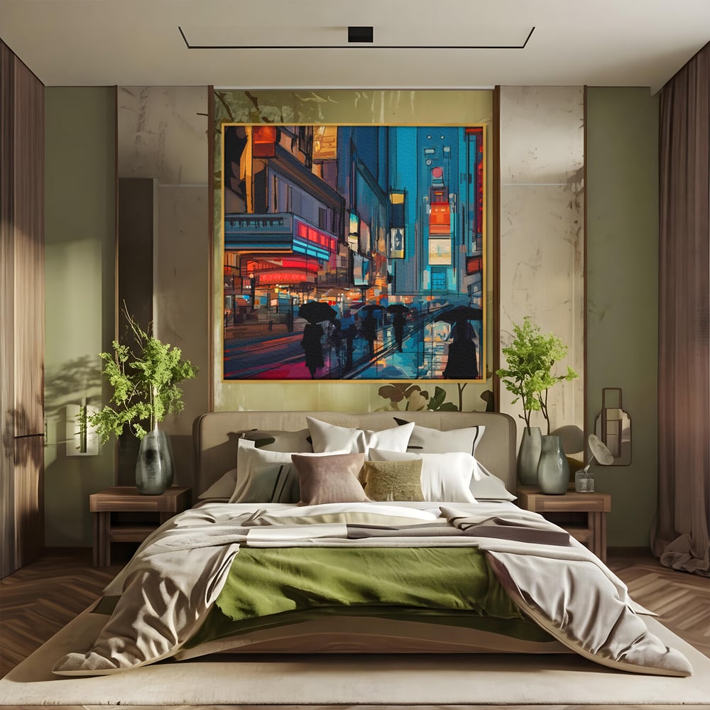 Leinwand Wandkunst Leinwand Premium, LuxCanva® C1162 Menschen gehen ins Kino, Innenstadt, Nachtleben, Wohnzimmer, lebendige Farben