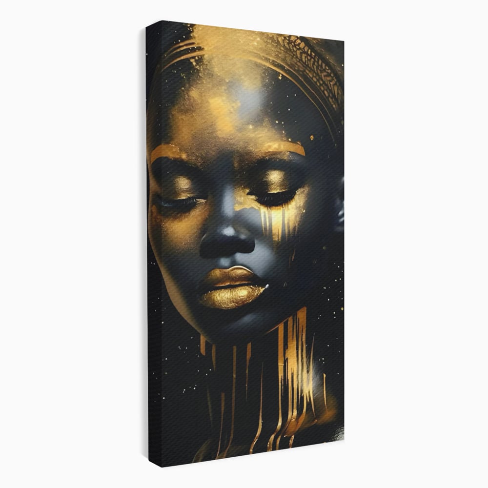 LuxCanva Premium-Leinwandkunst® C1169, Afrikanische Schönheit in Gold bedeckt, Farben, Mädchen, Schönheit, Wohnzimmer, Bar, entspannend, kräftige Farben