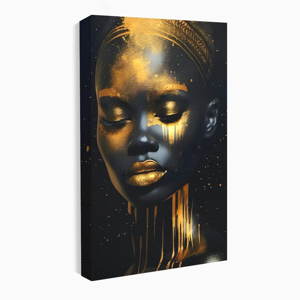 LuxCanva Premium-Leinwandkunst® C1169, Afrikanische Schönheit in Gold bedeckt, Farben, Mädchen, Schönheit, Wohnzimmer, Bar, entspannend, kräftige Farben