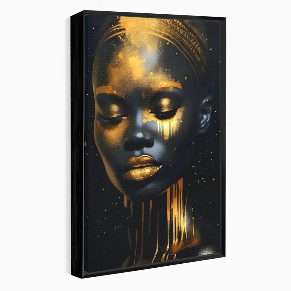 LuxCanva Premium-Leinwandkunst® C1169, Afrikanische Schönheit in Gold bedeckt, Farben, Mädchen, Schönheit, Wohnzimmer, Bar, entspannend, kräftige Farben