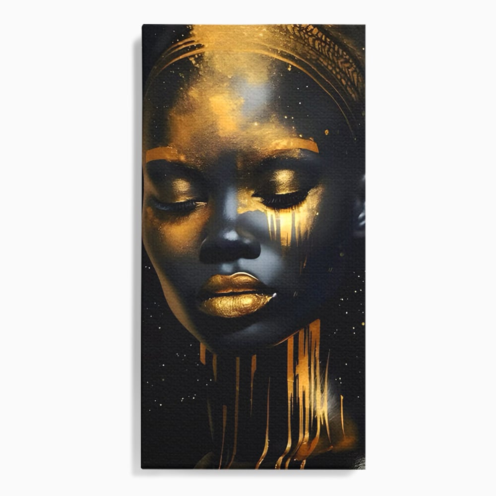 LuxCanva Premium-Leinwandkunst® C1169, Afrikanische Schönheit in Gold bedeckt, Farben, Mädchen, Schönheit, Wohnzimmer, Bar, entspannend, kräftige Farben