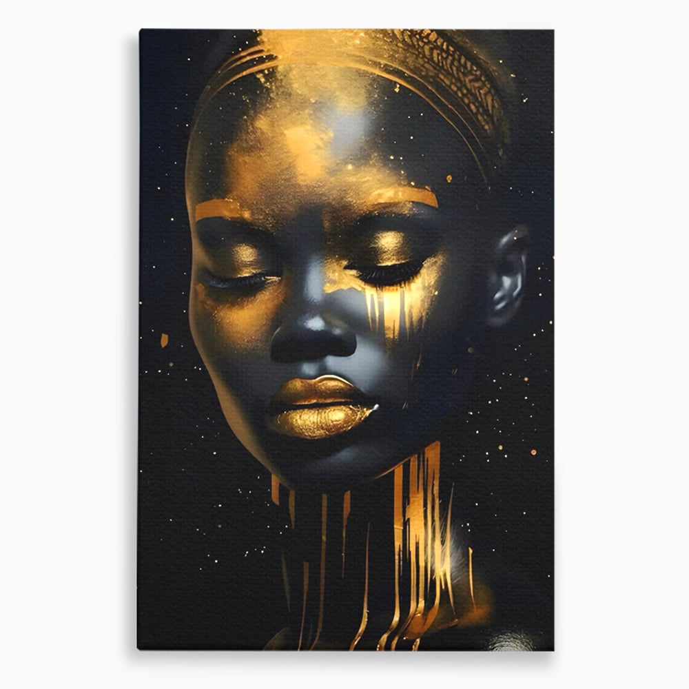 LuxCanva Premium-Leinwandkunst® C1169, Afrikanische Schönheit in Gold bedeckt, Farben, Mädchen, Schönheit, Wohnzimmer, Bar, entspannend, kräftige Farben