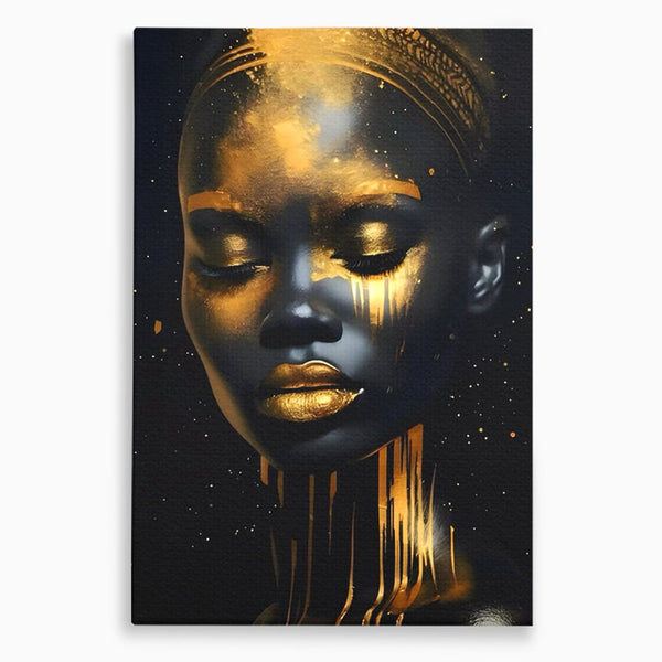 LuxCanva Premium-Leinwandkunst® C1169, Afrikanische Schönheit in Gold bedeckt, Farben, Mädchen, Schönheit, Wohnzimmer, Bar, entspannend, kräftige Farben