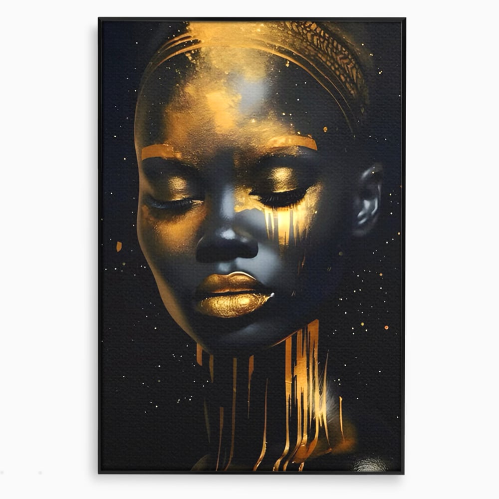 LuxCanva Premium-Leinwandkunst® C1169, Afrikanische Schönheit in Gold bedeckt, Farben, Mädchen, Schönheit, Wohnzimmer, Bar, entspannend, kräftige Farben