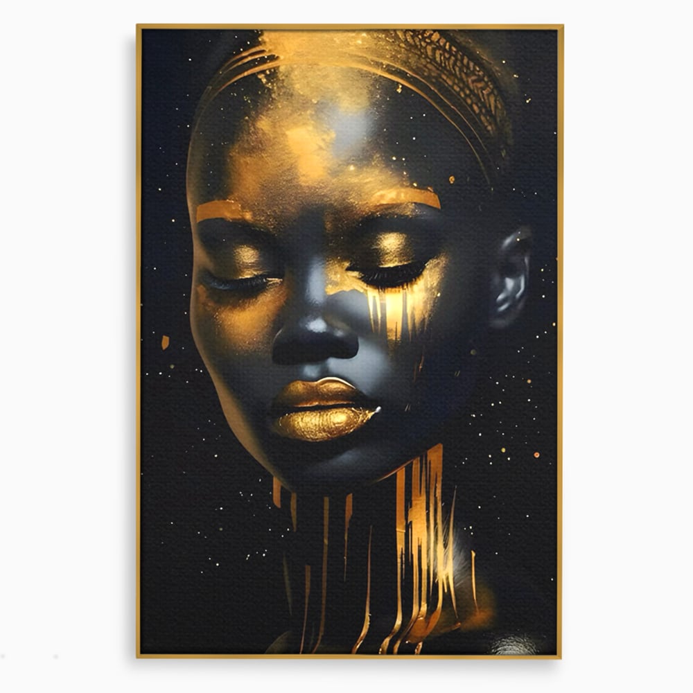 LuxCanva Premium-Leinwandkunst® C1169, Afrikanische Schönheit in Gold bedeckt, Farben, Mädchen, Schönheit, Wohnzimmer, Bar, entspannend, kräftige Farben