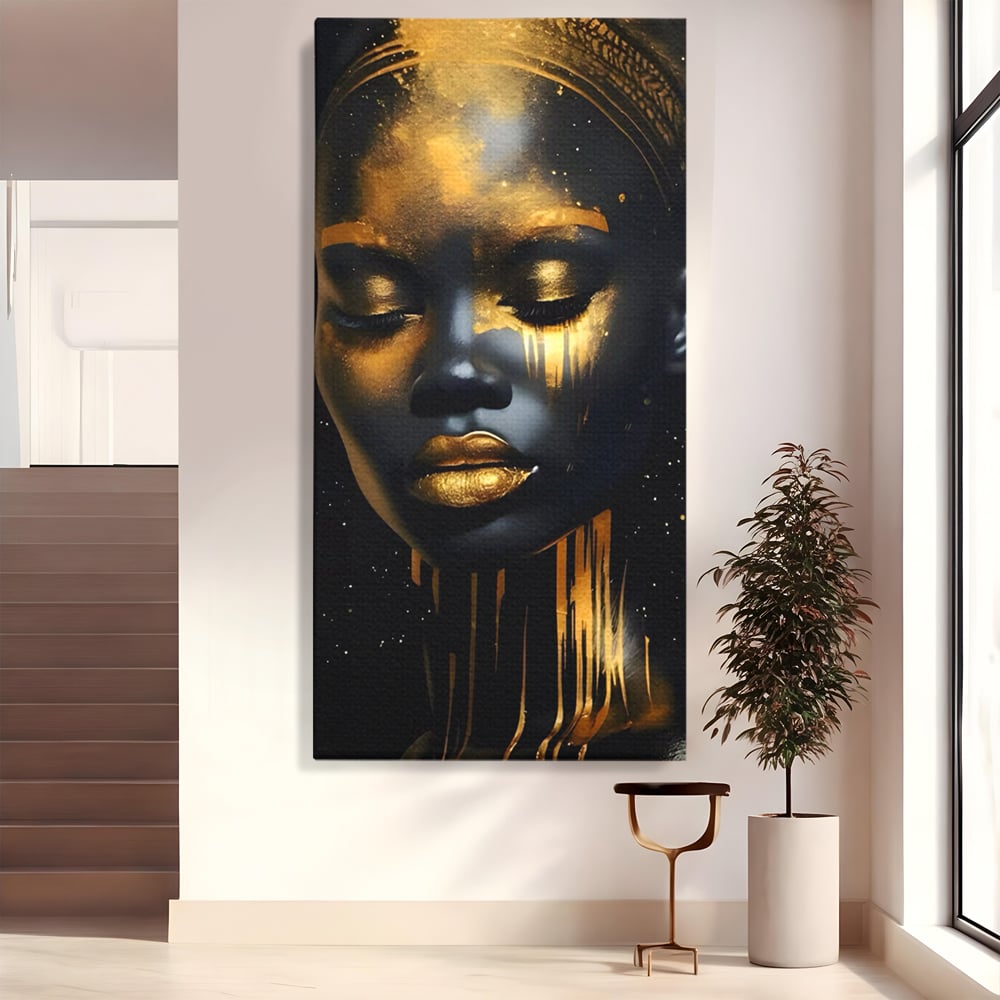 LuxCanva Premium-Leinwandkunst® C1169, Afrikanische Schönheit in Gold bedeckt, Farben, Mädchen, Schönheit, Wohnzimmer, Bar, entspannend, kräftige Farben