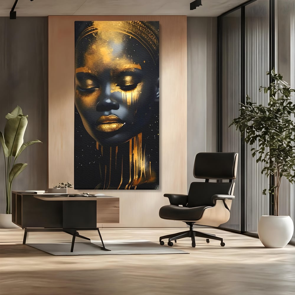 LuxCanva Premium-Leinwandkunst® C1169, Afrikanische Schönheit in Gold bedeckt, Farben, Mädchen, Schönheit, Wohnzimmer, Bar, entspannend, kräftige Farben