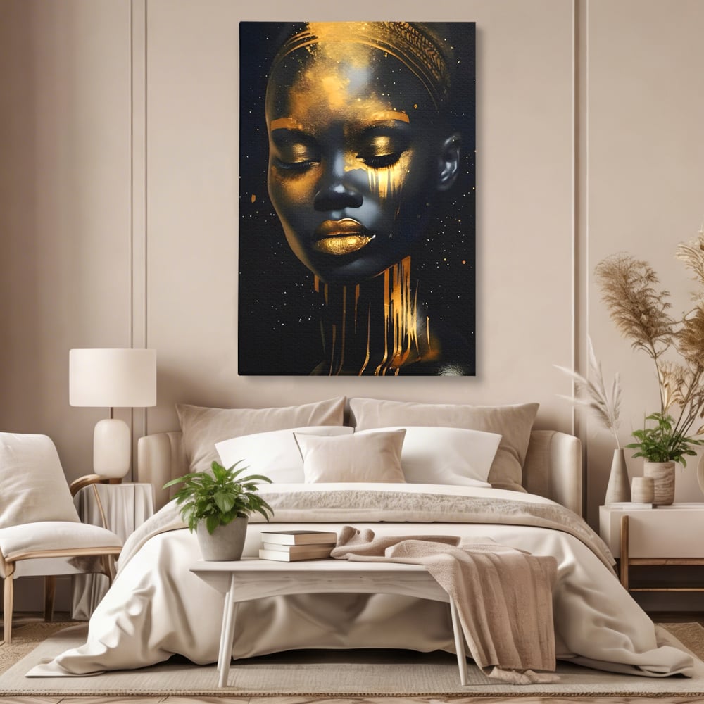 LuxCanva Premium-Leinwandkunst® C1169, Afrikanische Schönheit in Gold bedeckt, Farben, Mädchen, Schönheit, Wohnzimmer, Bar, entspannend, kräftige Farben