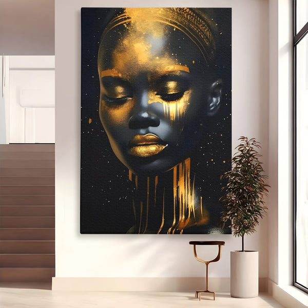 LuxCanva Premium-Leinwandkunst® C1169, Afrikanische Schönheit in Gold bedeckt, Farben, Mädchen, Schönheit, Wohnzimmer, Bar, entspannend, kräftige Farben