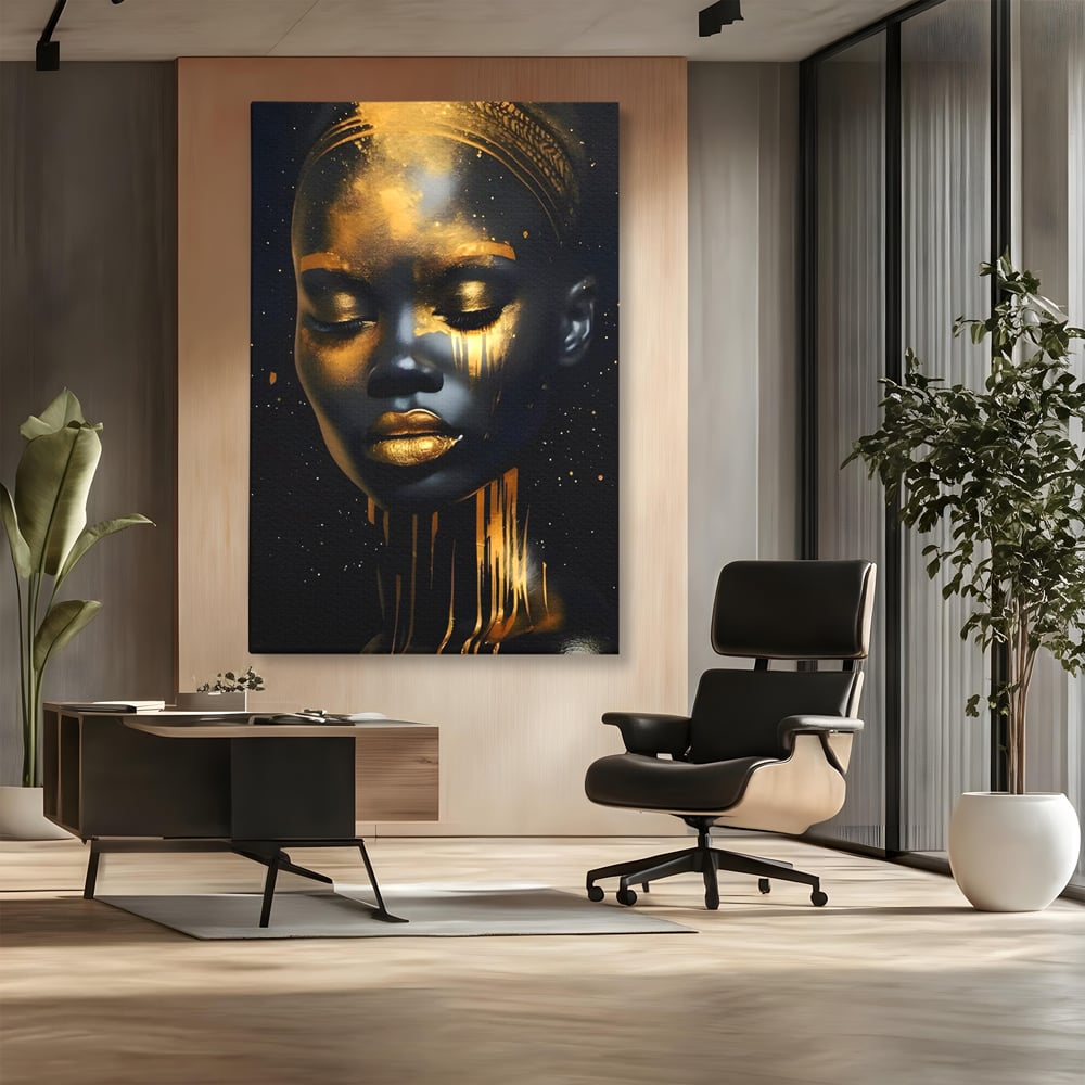 LuxCanva Premium-Leinwandkunst® C1169, Afrikanische Schönheit in Gold bedeckt, Farben, Mädchen, Schönheit, Wohnzimmer, Bar, entspannend, kräftige Farben
