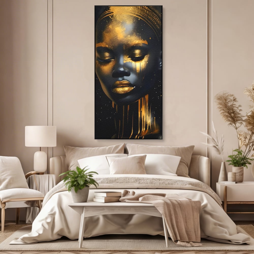 LuxCanva Premium-Leinwandkunst® C1169, Afrikanische Schönheit in Gold bedeckt, Farben, Mädchen, Schönheit, Wohnzimmer, Bar, entspannend, kräftige Farben
