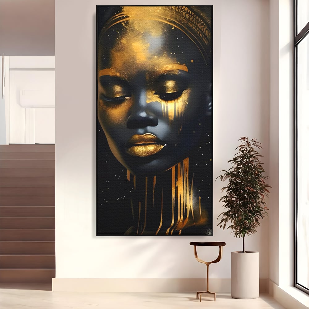 LuxCanva Premium-Leinwandkunst® C1169, Afrikanische Schönheit in Gold bedeckt, Farben, Mädchen, Schönheit, Wohnzimmer, Bar, entspannend, kräftige Farben