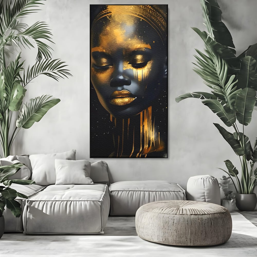 LuxCanva Premium-Leinwandkunst® C1169, Afrikanische Schönheit in Gold bedeckt, Farben, Mädchen, Schönheit, Wohnzimmer, Bar, entspannend, kräftige Farben