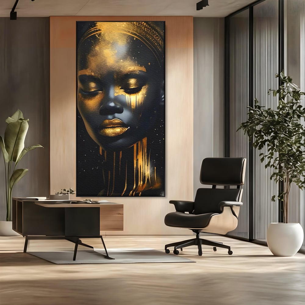 LuxCanva Premium-Leinwandkunst® C1169, Afrikanische Schönheit in Gold bedeckt, Farben, Mädchen, Schönheit, Wohnzimmer, Bar, entspannend, kräftige Farben