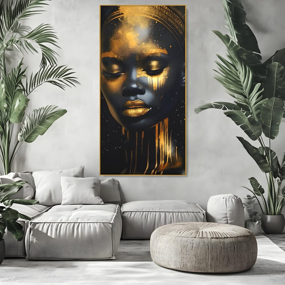 LuxCanva Premium-Leinwandkunst® C1169, Afrikanische Schönheit in Gold bedeckt, Farben, Mädchen, Schönheit, Wohnzimmer, Bar, entspannend, kräftige Farben