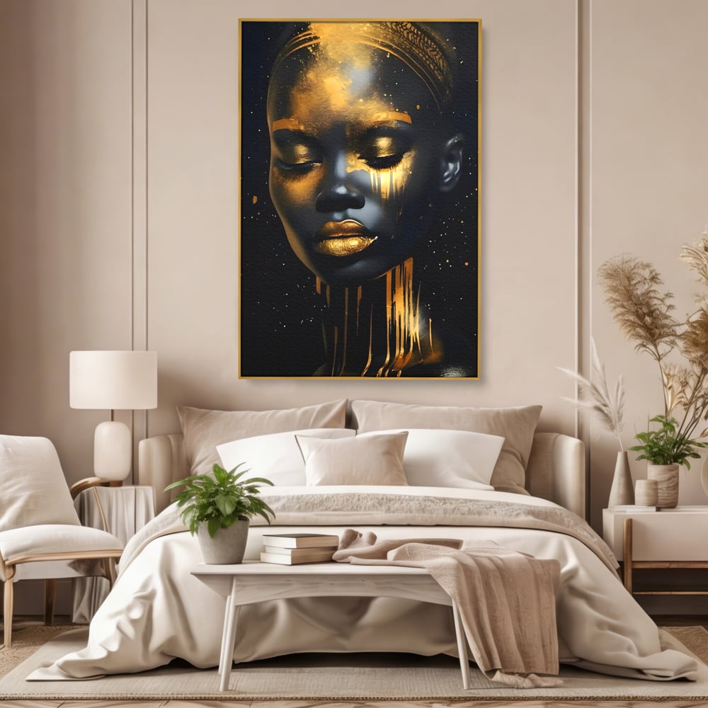 LuxCanva Premium-Leinwandkunst® C1169, Afrikanische Schönheit in Gold bedeckt, Farben, Mädchen, Schönheit, Wohnzimmer, Bar, entspannend, kräftige Farben