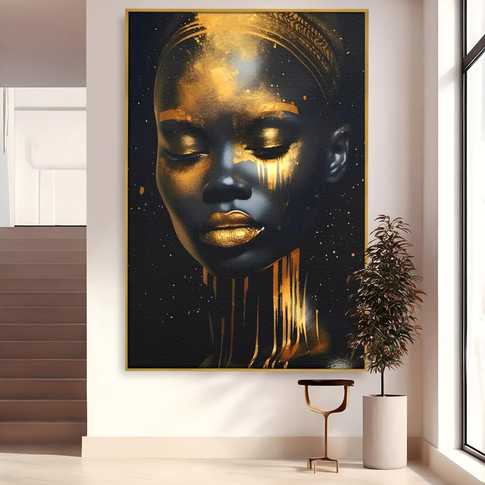 LuxCanva Premium-Leinwandkunst® C1169, Afrikanische Schönheit in Gold bedeckt, Farben, Mädchen, Schönheit, Wohnzimmer, Bar, entspannend, kräftige Farben