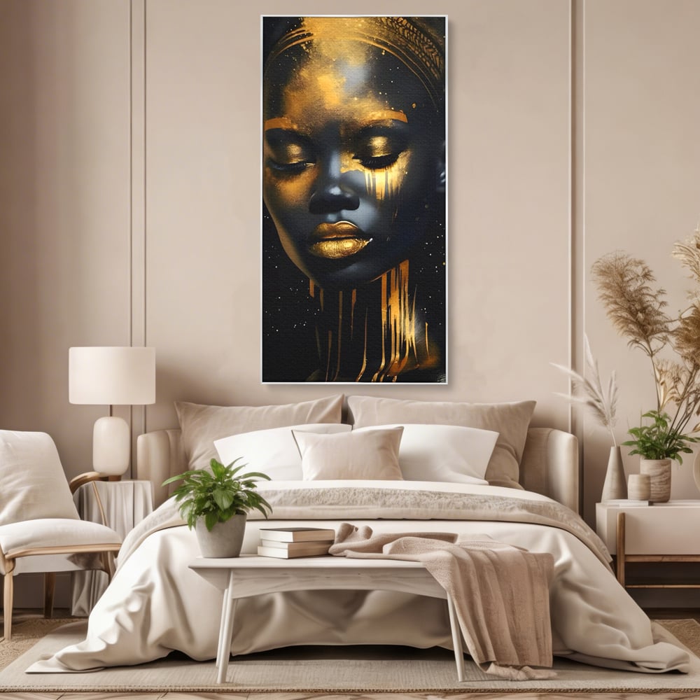 LuxCanva Premium-Leinwandkunst® C1169, Afrikanische Schönheit in Gold bedeckt, Farben, Mädchen, Schönheit, Wohnzimmer, Bar, entspannend, kräftige Farben
