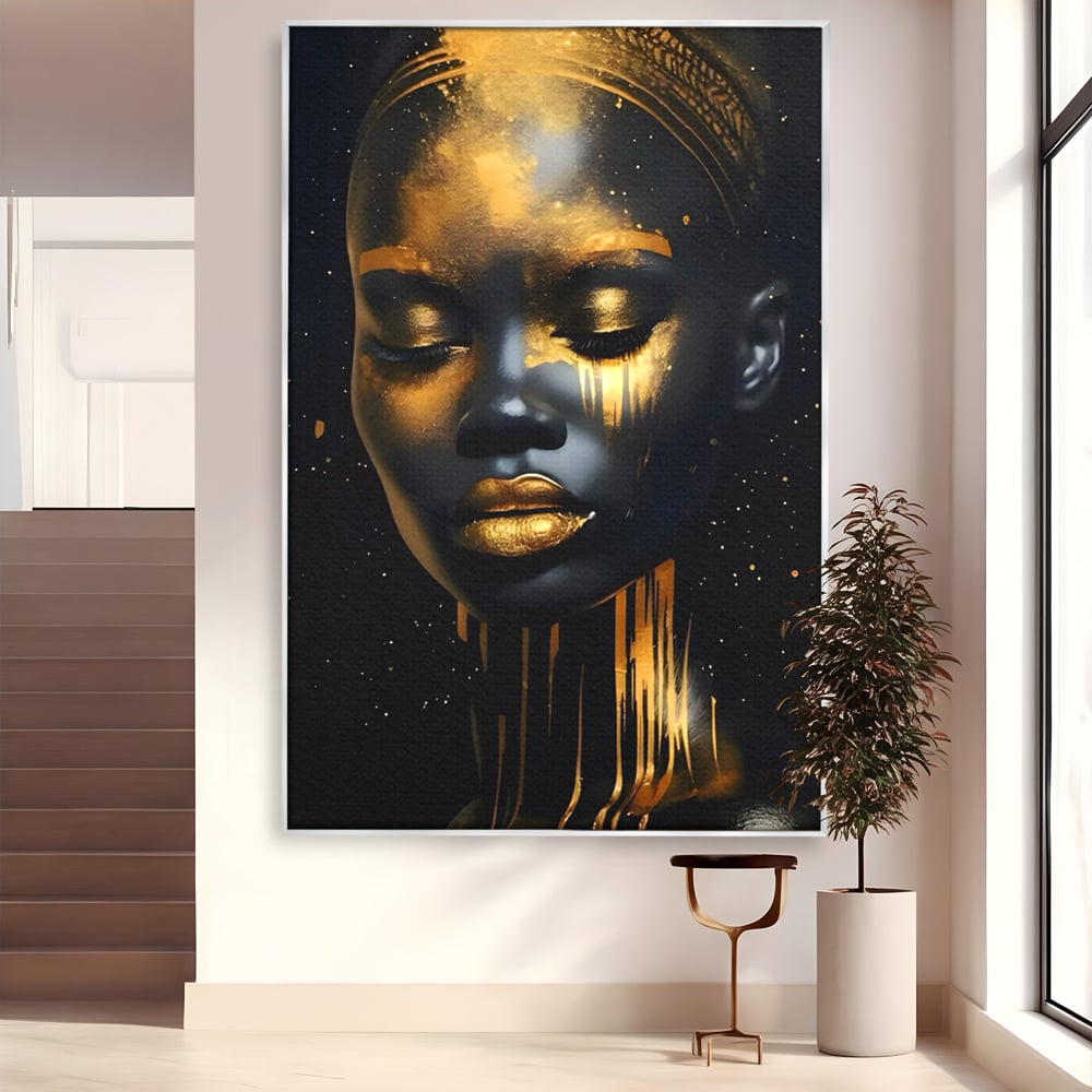LuxCanva Premium-Leinwandkunst® C1169, Afrikanische Schönheit in Gold bedeckt, Farben, Mädchen, Schönheit, Wohnzimmer, Bar, entspannend, kräftige Farben