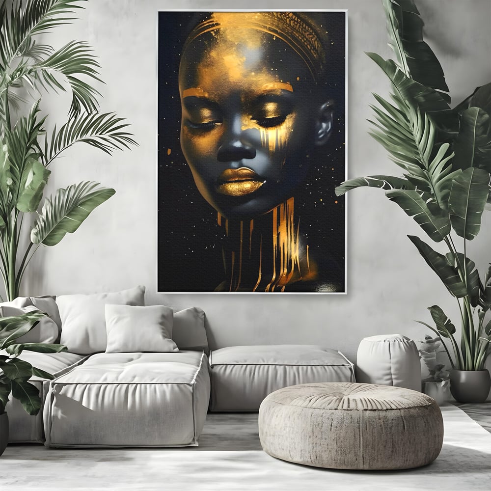 LuxCanva Premium-Leinwandkunst® C1169, Afrikanische Schönheit in Gold bedeckt, Farben, Mädchen, Schönheit, Wohnzimmer, Bar, entspannend, kräftige Farben