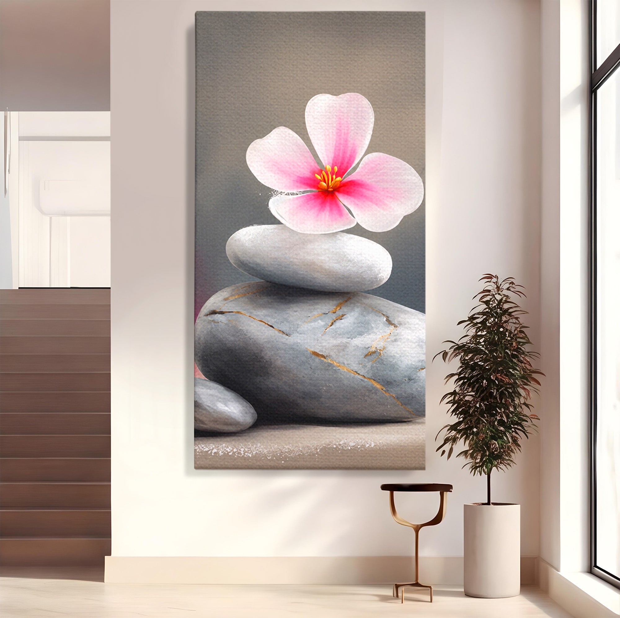 Tablou Canvas Premium LuxCanva® C1173, Floare De Cires Pe Pietre, Floare, Pietre, Zen, Armonie, Meditatie, Dormitor, Living, Culori Vibrante
