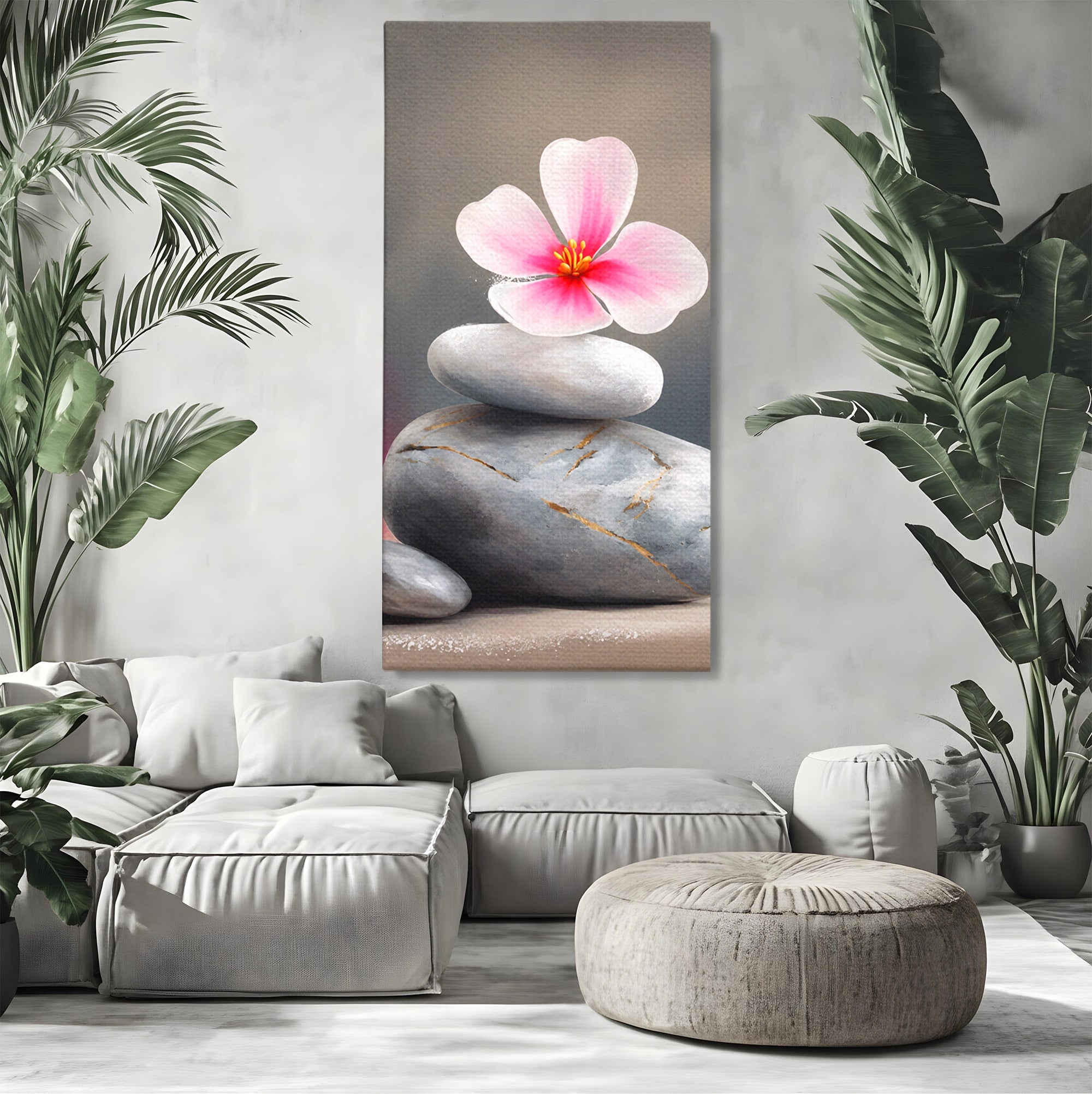 Tablou Canvas Premium LuxCanva® C1173, Floare De Cires Pe Pietre, Floare, Pietre, Zen, Armonie, Meditatie, Dormitor, Living, Culori Vibrante