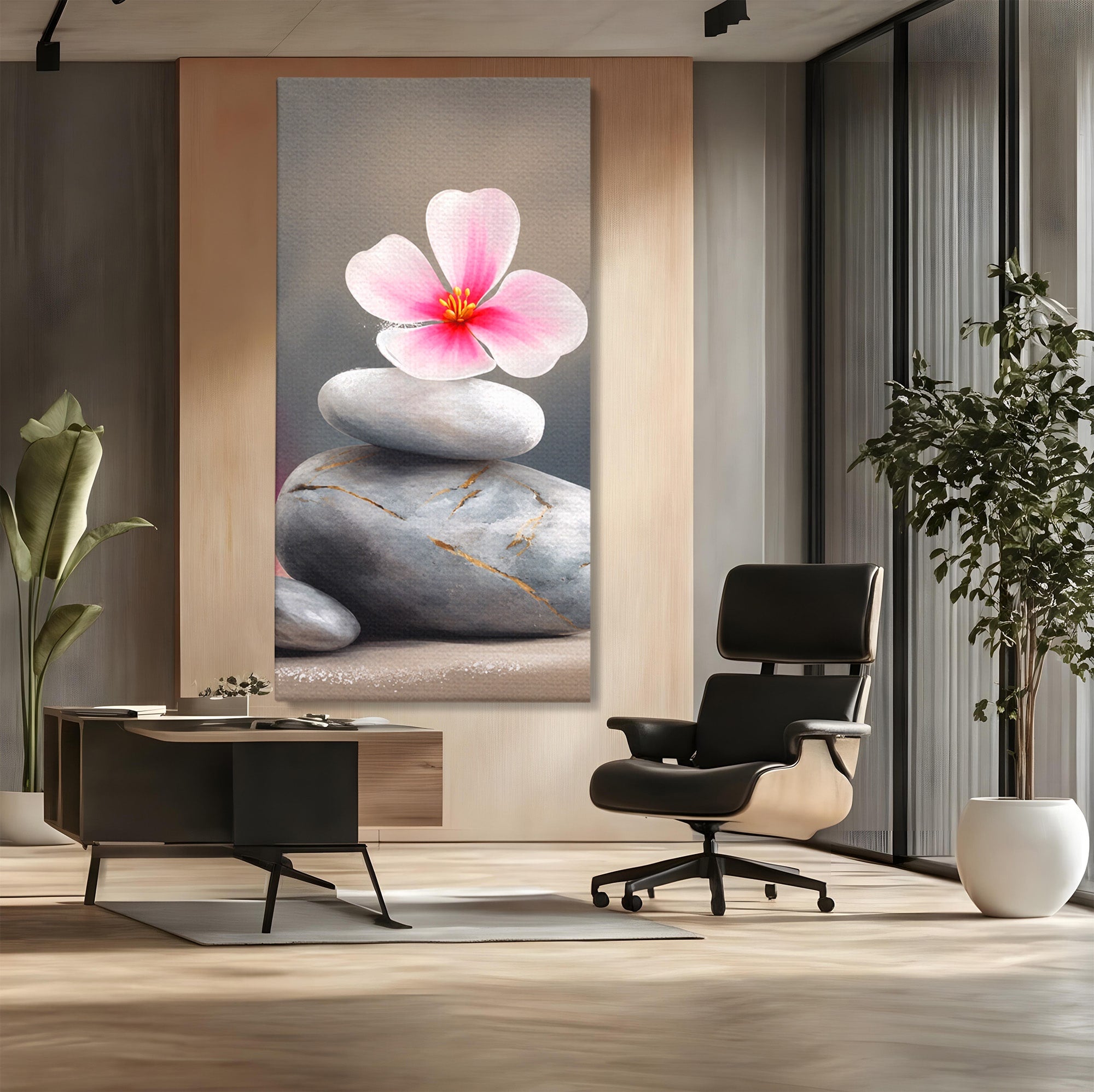 Tablou Canvas Premium LuxCanva® C1173, Floare De Cires Pe Pietre, Floare, Pietre, Zen, Armonie, Meditatie, Dormitor, Living, Culori Vibrante