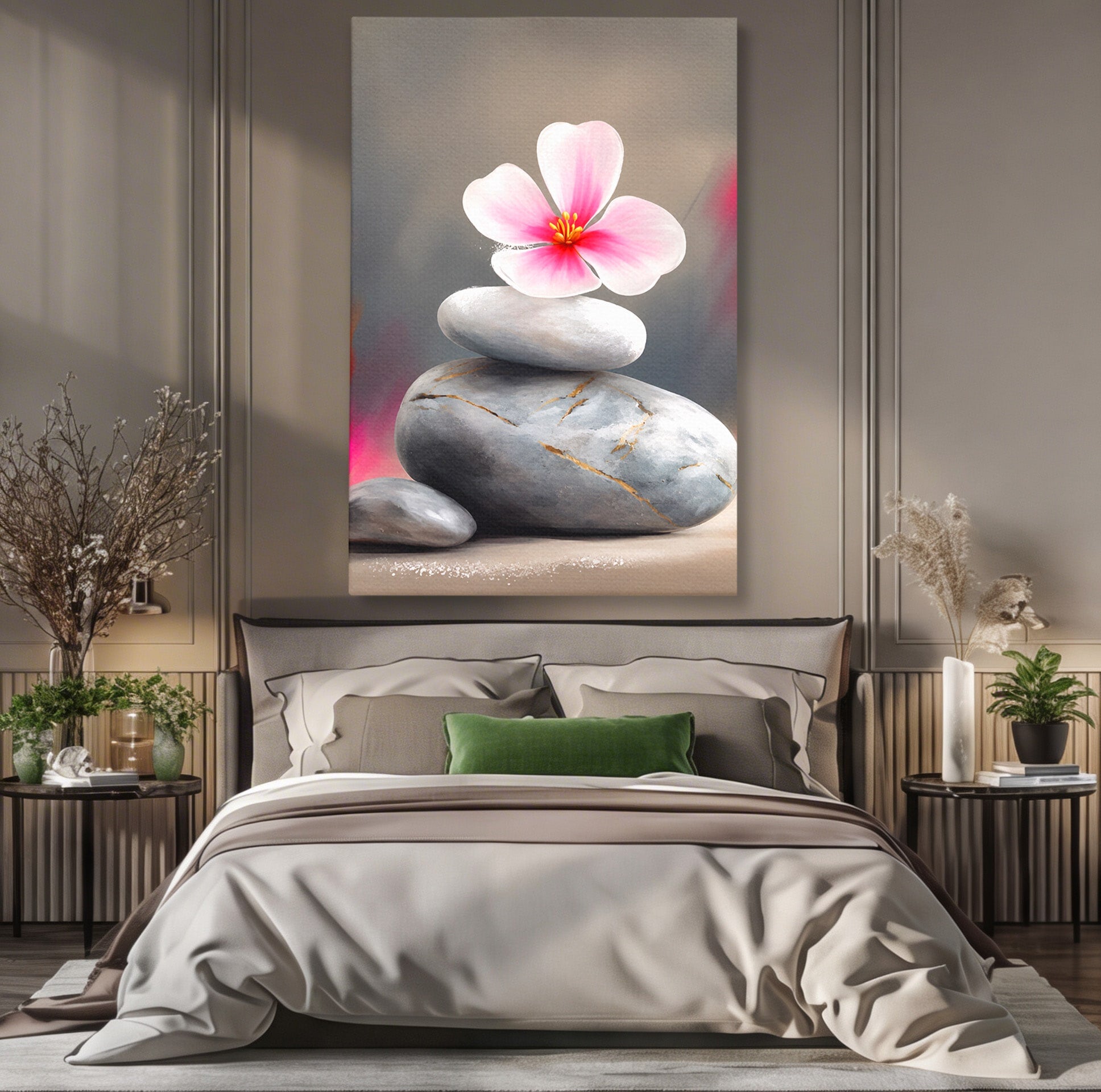 Tablou Canvas Premium LuxCanva® C1173, Floare De Cires Pe Pietre, Floare, Pietre, Zen, Armonie, Meditatie, Dormitor, Living, Culori Vibrante