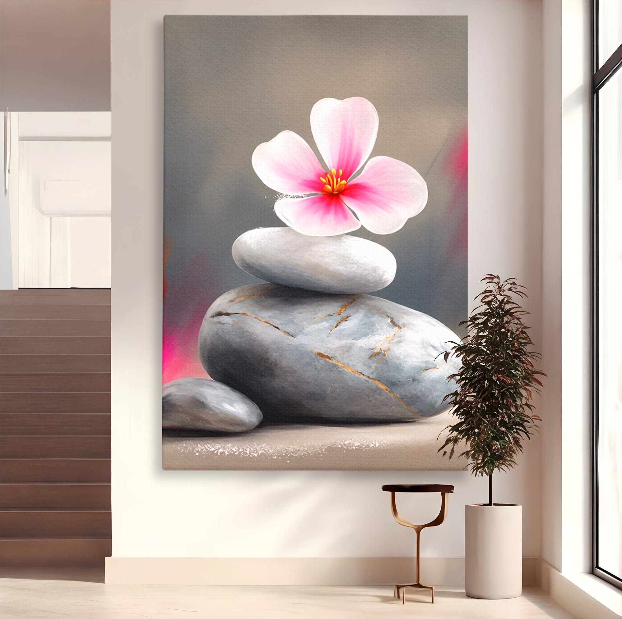 Tablou Canvas Premium LuxCanva® C1173, Floare De Cires Pe Pietre, Floare, Pietre, Zen, Armonie, Meditatie, Dormitor, Living, Culori Vibrante