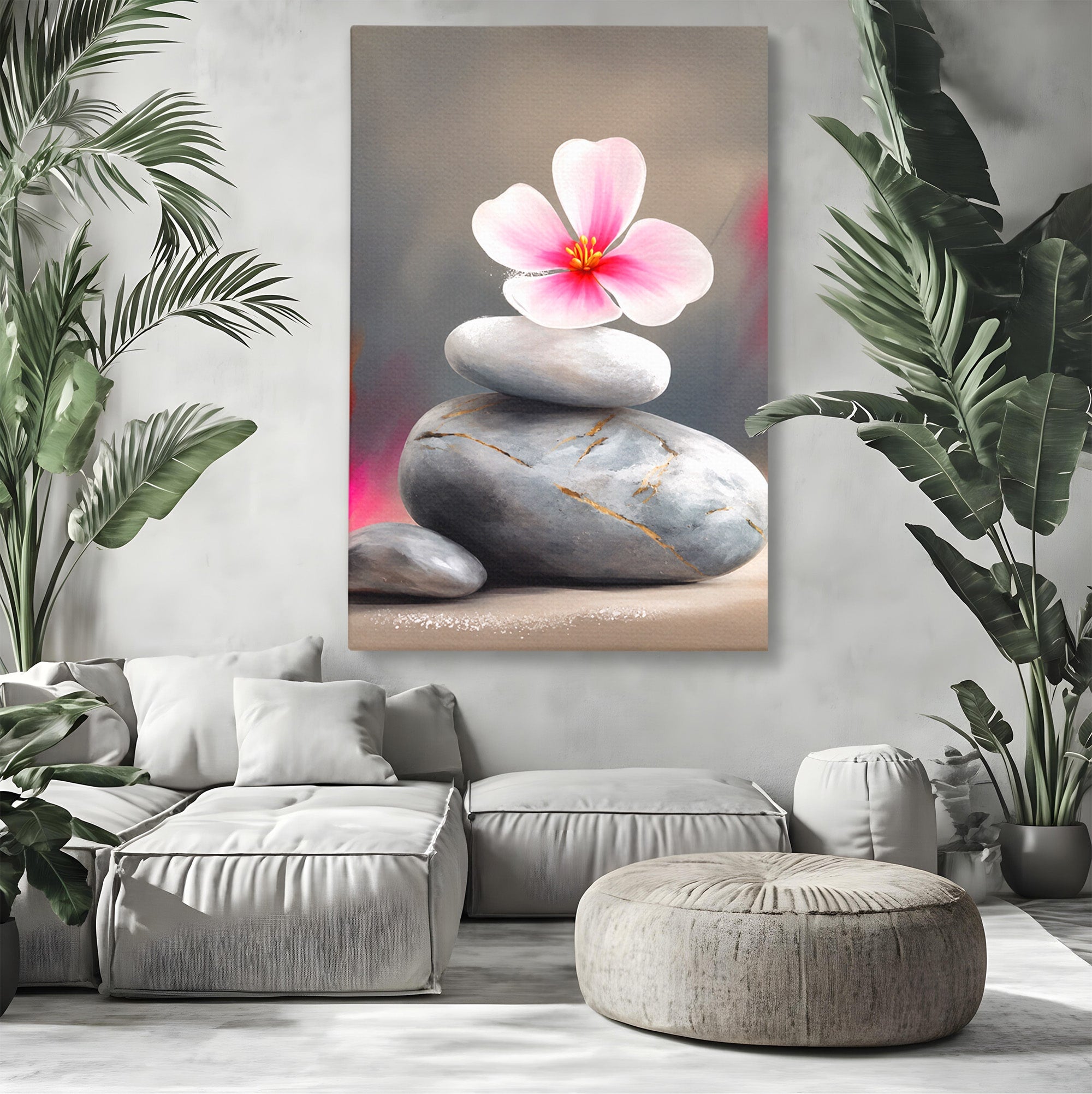 Tablou Canvas Premium LuxCanva® C1173, Floare De Cires Pe Pietre, Floare, Pietre, Zen, Armonie, Meditatie, Dormitor, Living, Culori Vibrante