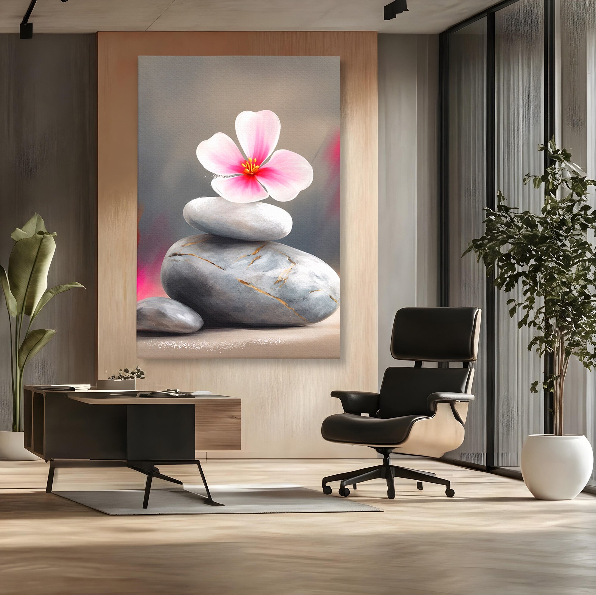 Tablou Canvas Premium LuxCanva® C1173, Floare De Cires Pe Pietre, Floare, Pietre, Zen, Armonie, Meditatie, Dormitor, Living, Culori Vibrante