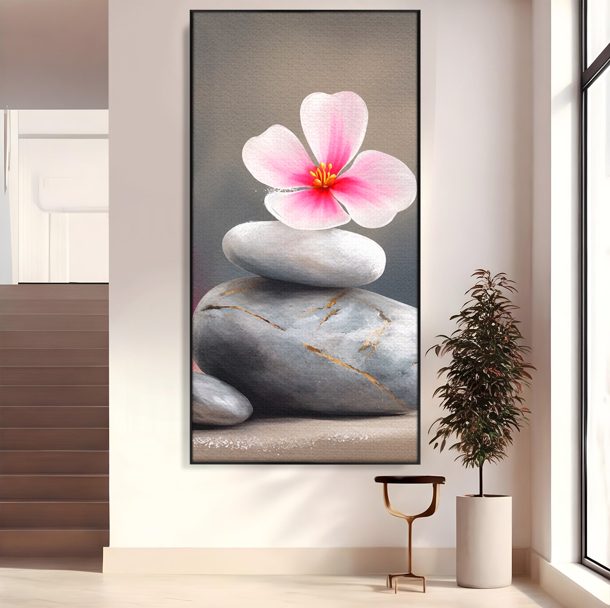 Tablou Canvas Premium LuxCanva® C1173, Floare De Cires Pe Pietre, Floare, Pietre, Zen, Armonie, Meditatie, Dormitor, Living, Culori Vibrante