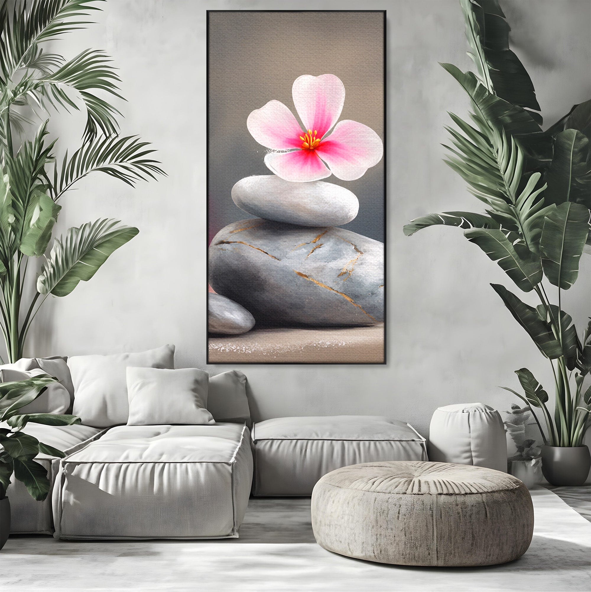 Tablou Canvas Premium LuxCanva® C1173, Floare De Cires Pe Pietre, Floare, Pietre, Zen, Armonie, Meditatie, Dormitor, Living, Culori Vibrante