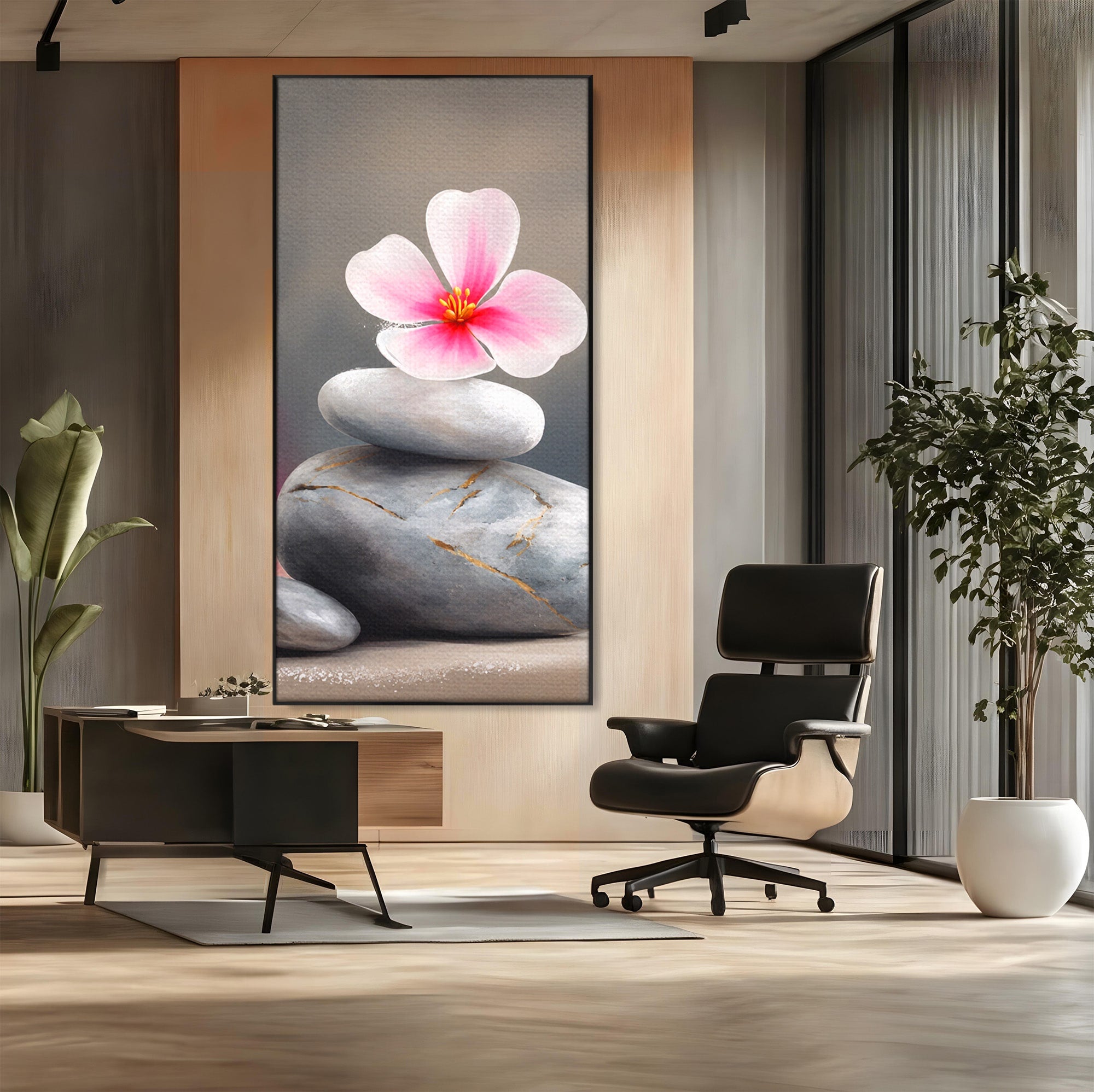 Tablou Canvas Premium LuxCanva® C1173, Floare De Cires Pe Pietre, Floare, Pietre, Zen, Armonie, Meditatie, Dormitor, Living, Culori Vibrante