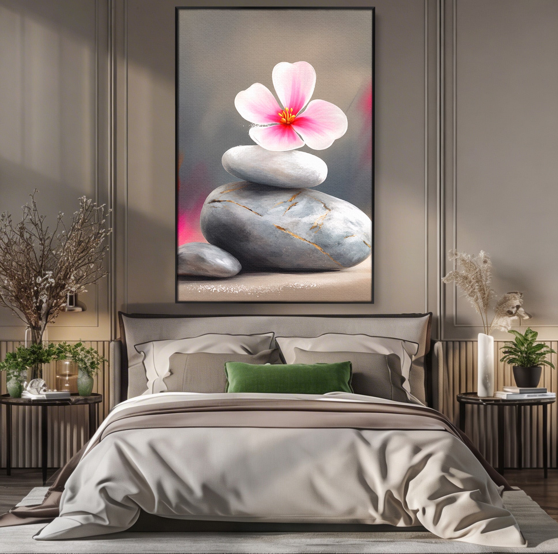 Tablou Canvas Premium LuxCanva® C1173, Floare De Cires Pe Pietre, Floare, Pietre, Zen, Armonie, Meditatie, Dormitor, Living, Culori Vibrante