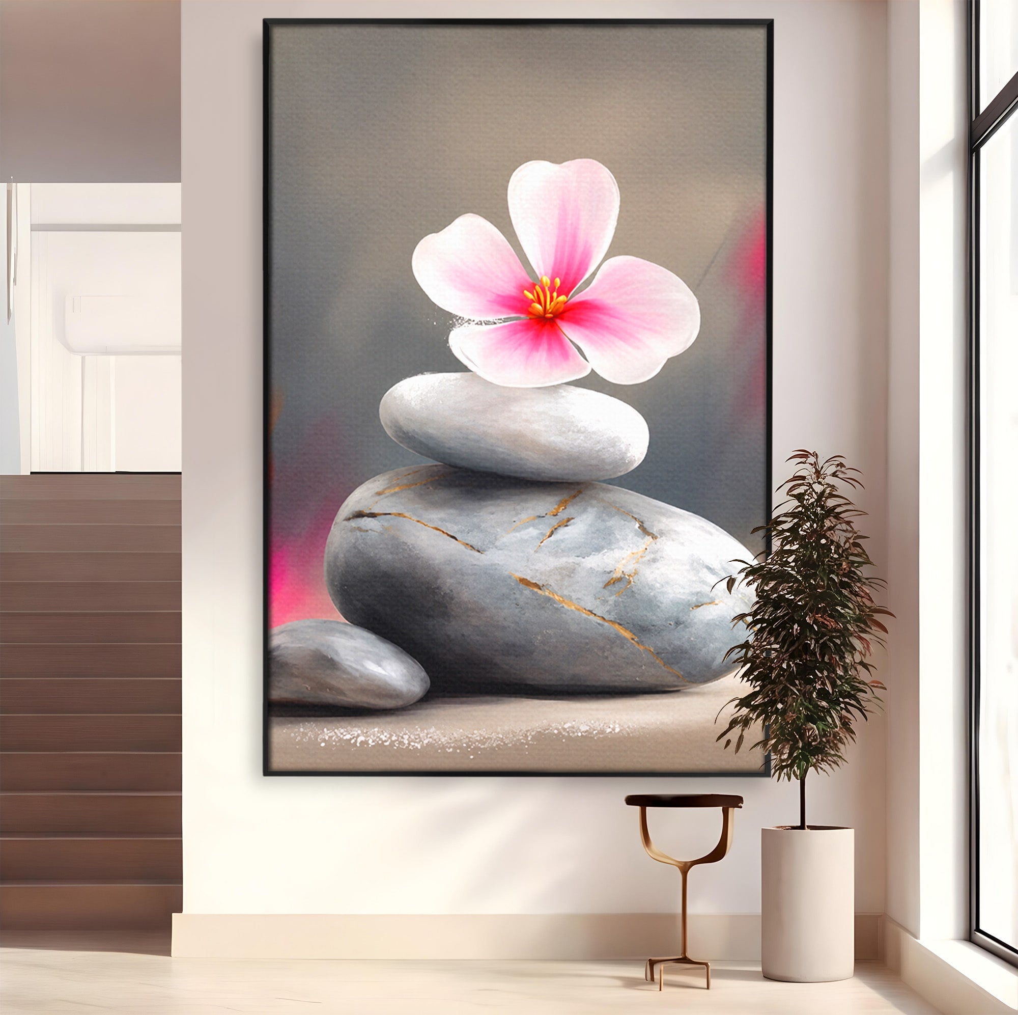 Tablou Canvas Premium LuxCanva® C1173, Floare De Cires Pe Pietre, Floare, Pietre, Zen, Armonie, Meditatie, Dormitor, Living, Culori Vibrante