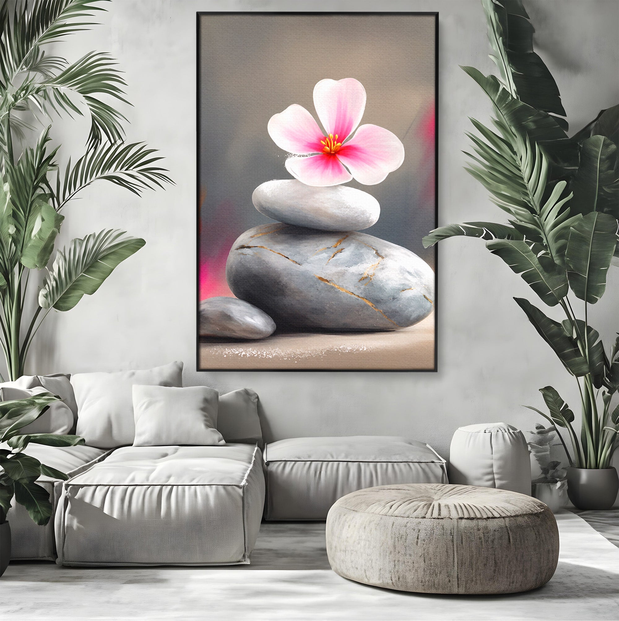Tablou Canvas Premium LuxCanva® C1173, Floare De Cires Pe Pietre, Floare, Pietre, Zen, Armonie, Meditatie, Dormitor, Living, Culori Vibrante