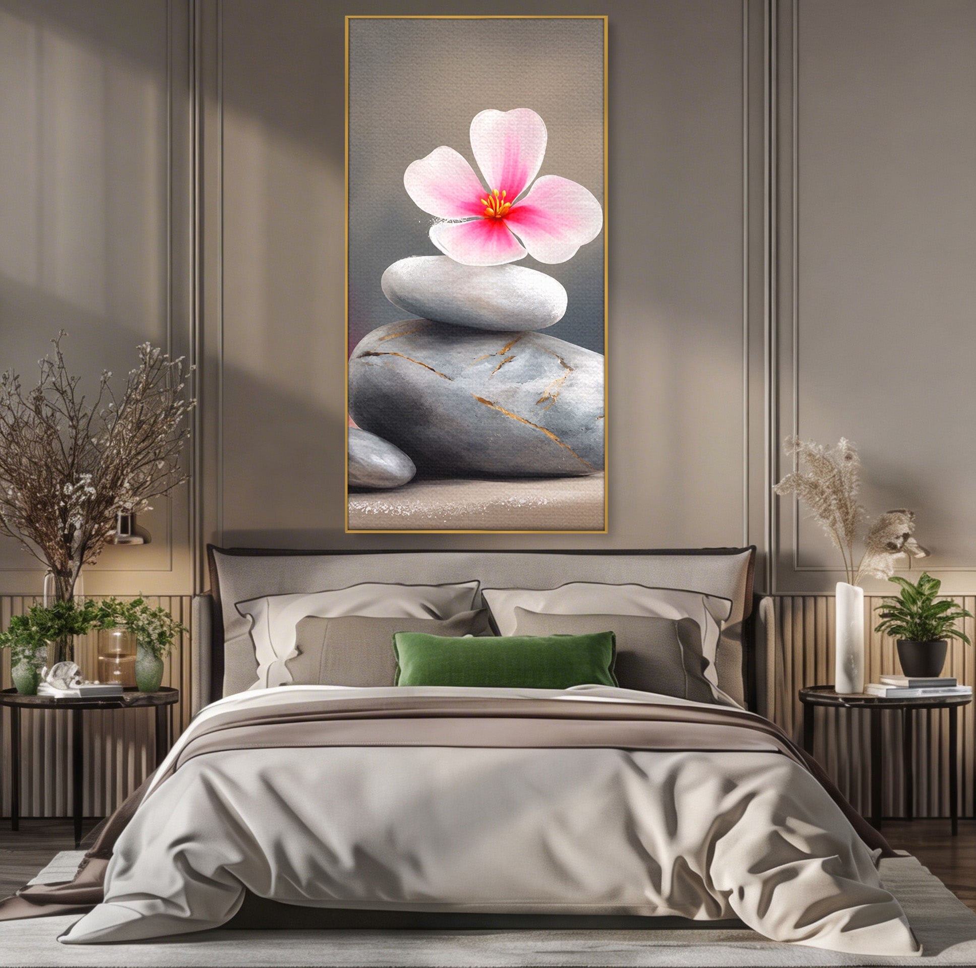 Tablou Canvas Premium LuxCanva® C1173, Floare De Cires Pe Pietre, Floare, Pietre, Zen, Armonie, Meditatie, Dormitor, Living, Culori Vibrante