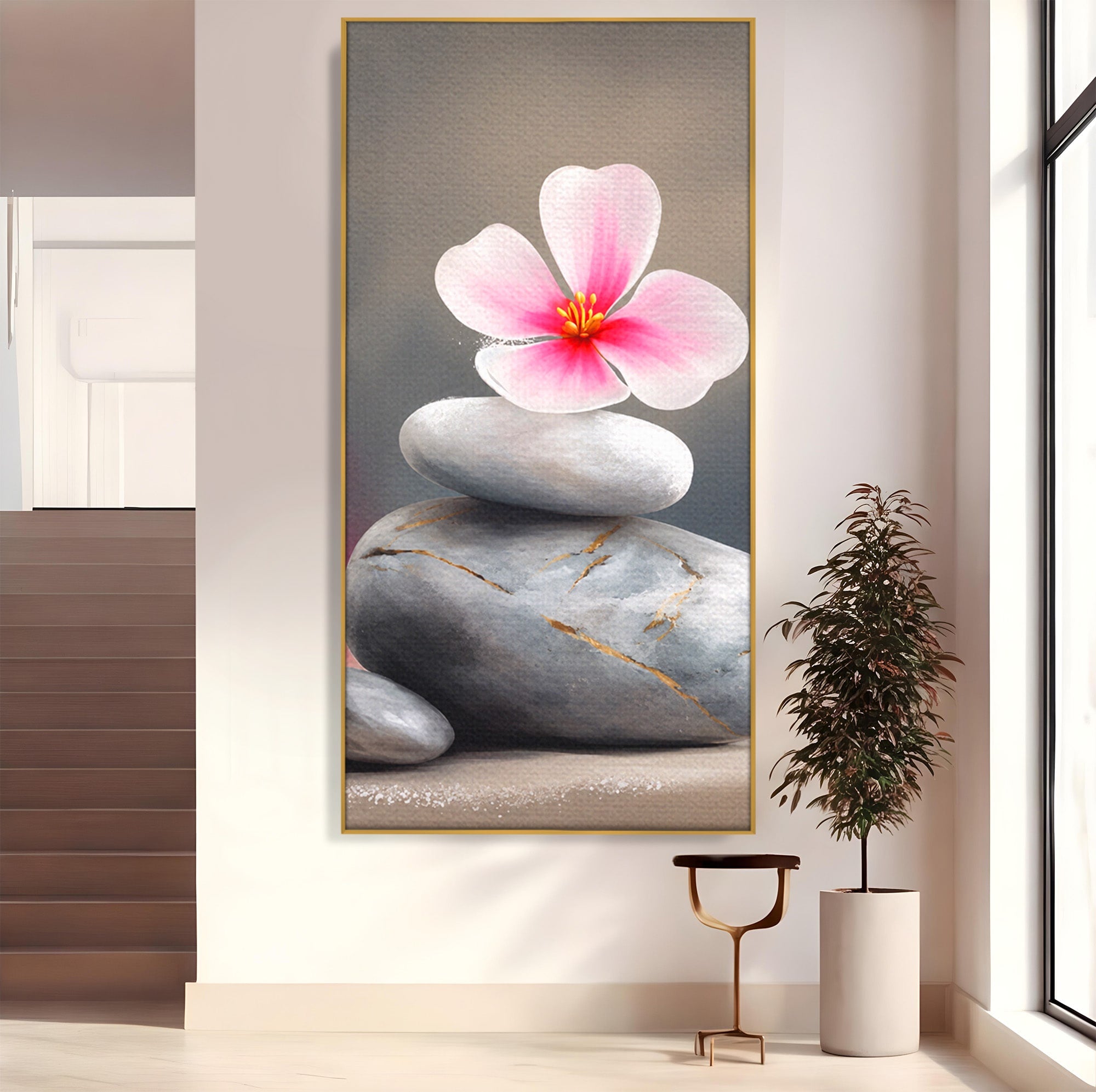 Tablou Canvas Premium LuxCanva® C1173, Floare De Cires Pe Pietre, Floare, Pietre, Zen, Armonie, Meditatie, Dormitor, Living, Culori Vibrante