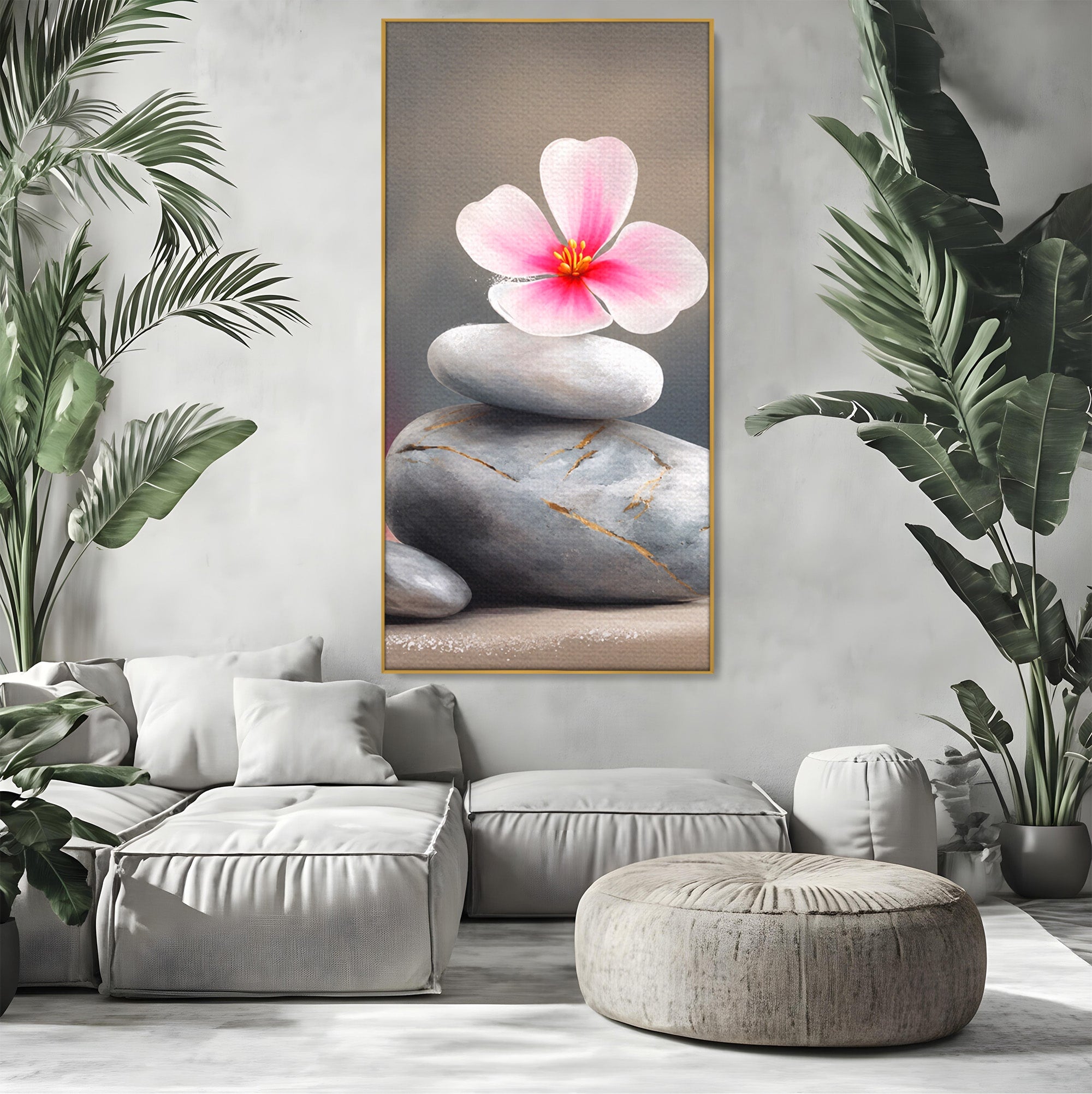 Tablou Canvas Premium LuxCanva® C1173, Floare De Cires Pe Pietre, Floare, Pietre, Zen, Armonie, Meditatie, Dormitor, Living, Culori Vibrante