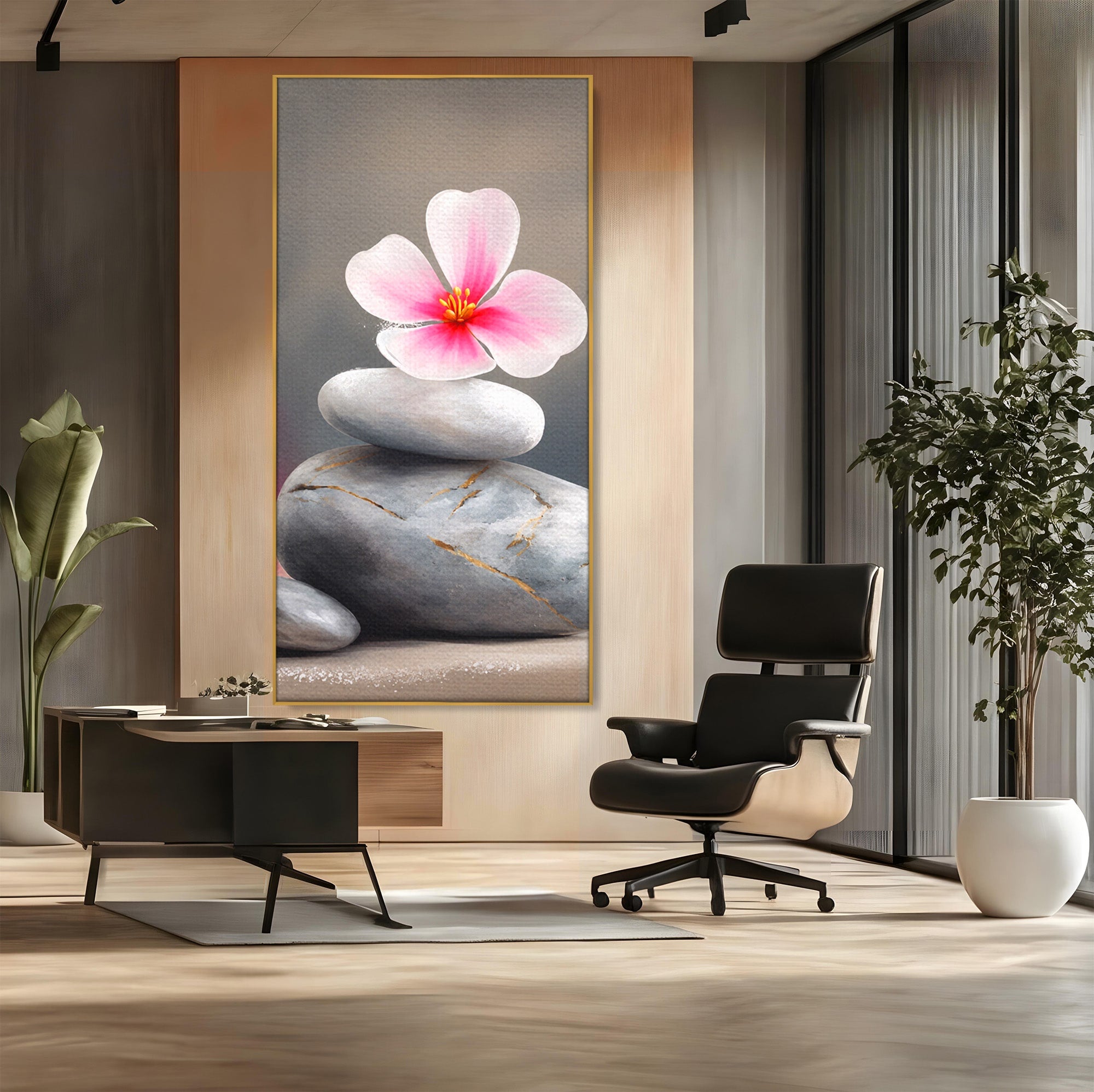 Tablou Canvas Premium LuxCanva® C1173, Floare De Cires Pe Pietre, Floare, Pietre, Zen, Armonie, Meditatie, Dormitor, Living, Culori Vibrante