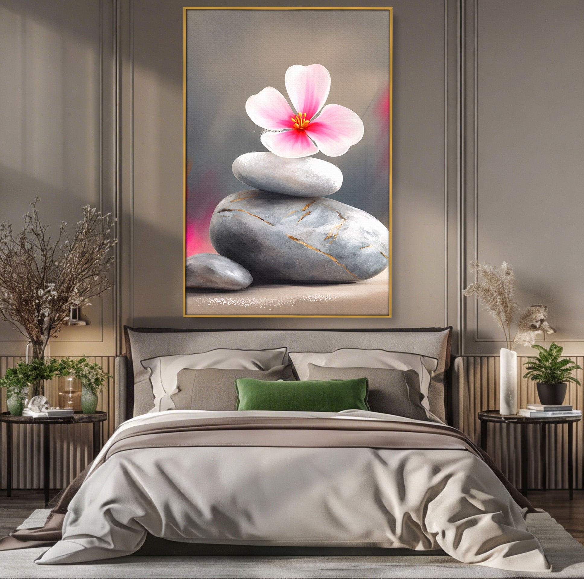 Tablou Canvas Premium LuxCanva® C1173, Floare De Cires Pe Pietre, Floare, Pietre, Zen, Armonie, Meditatie, Dormitor, Living, Culori Vibrante
