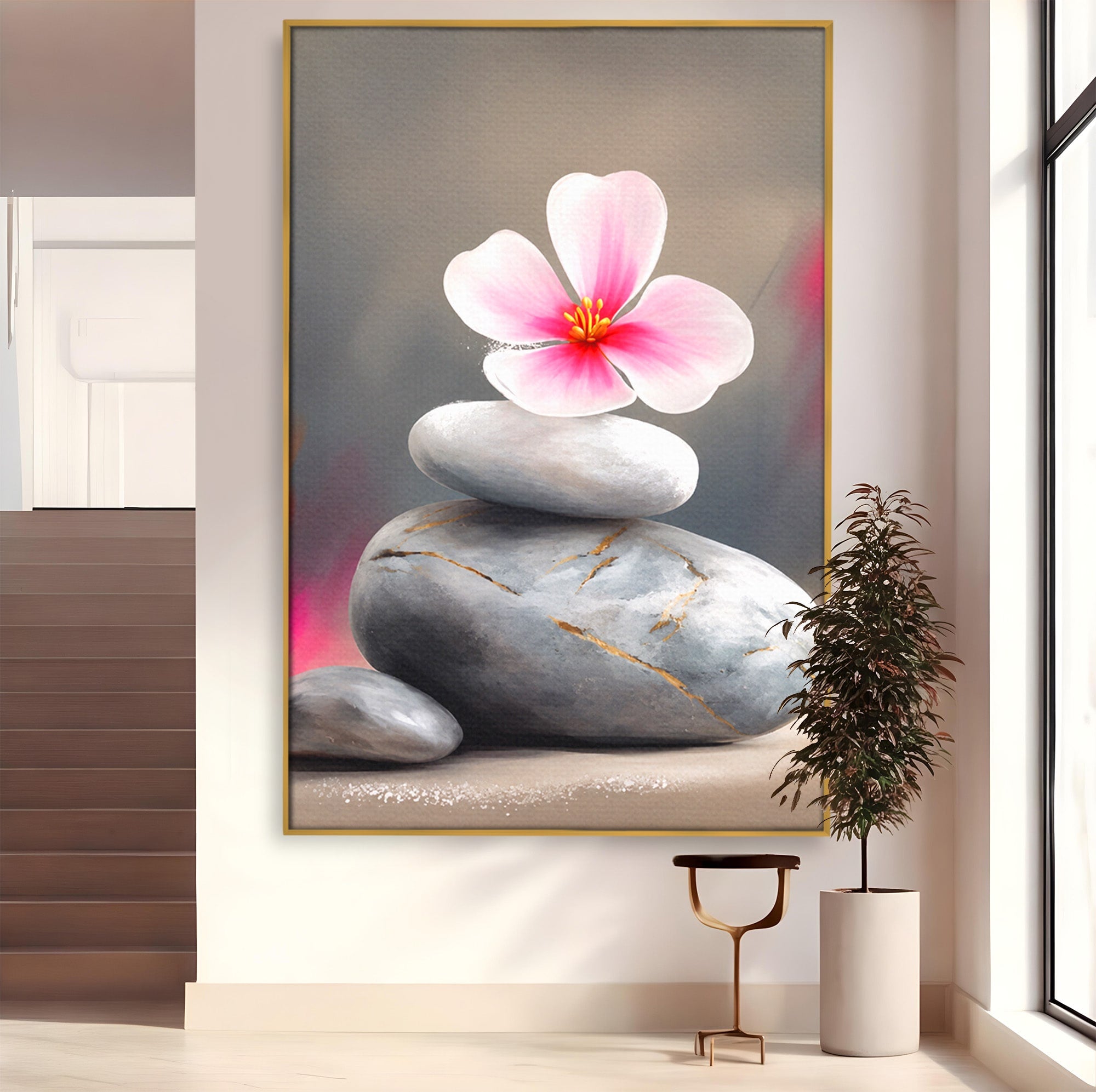 Tablou Canvas Premium LuxCanva® C1173, Floare De Cires Pe Pietre, Floare, Pietre, Zen, Armonie, Meditatie, Dormitor, Living, Culori Vibrante