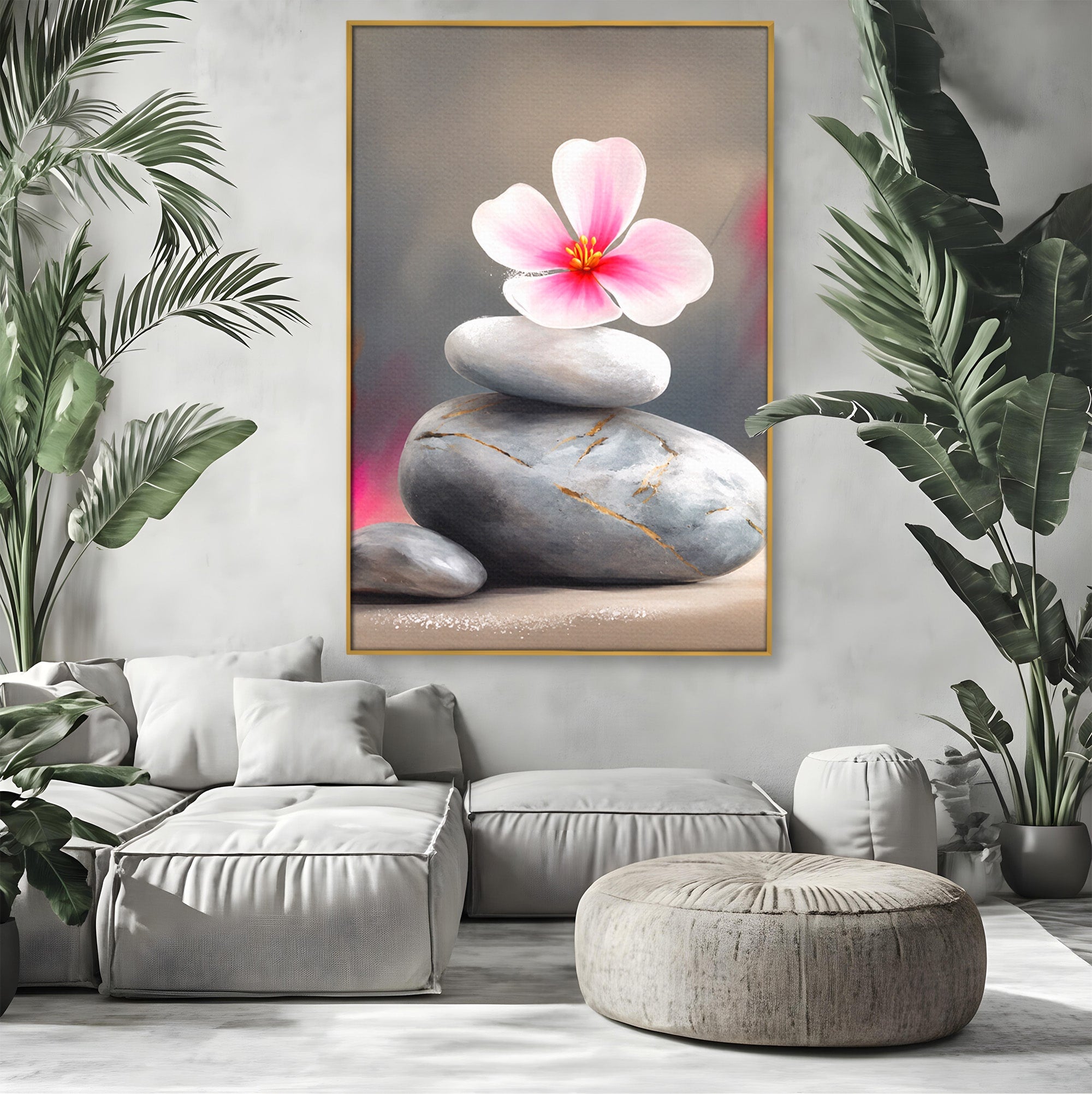 Tablou Canvas Premium LuxCanva® C1173, Floare De Cires Pe Pietre, Floare, Pietre, Zen, Armonie, Meditatie, Dormitor, Living, Culori Vibrante