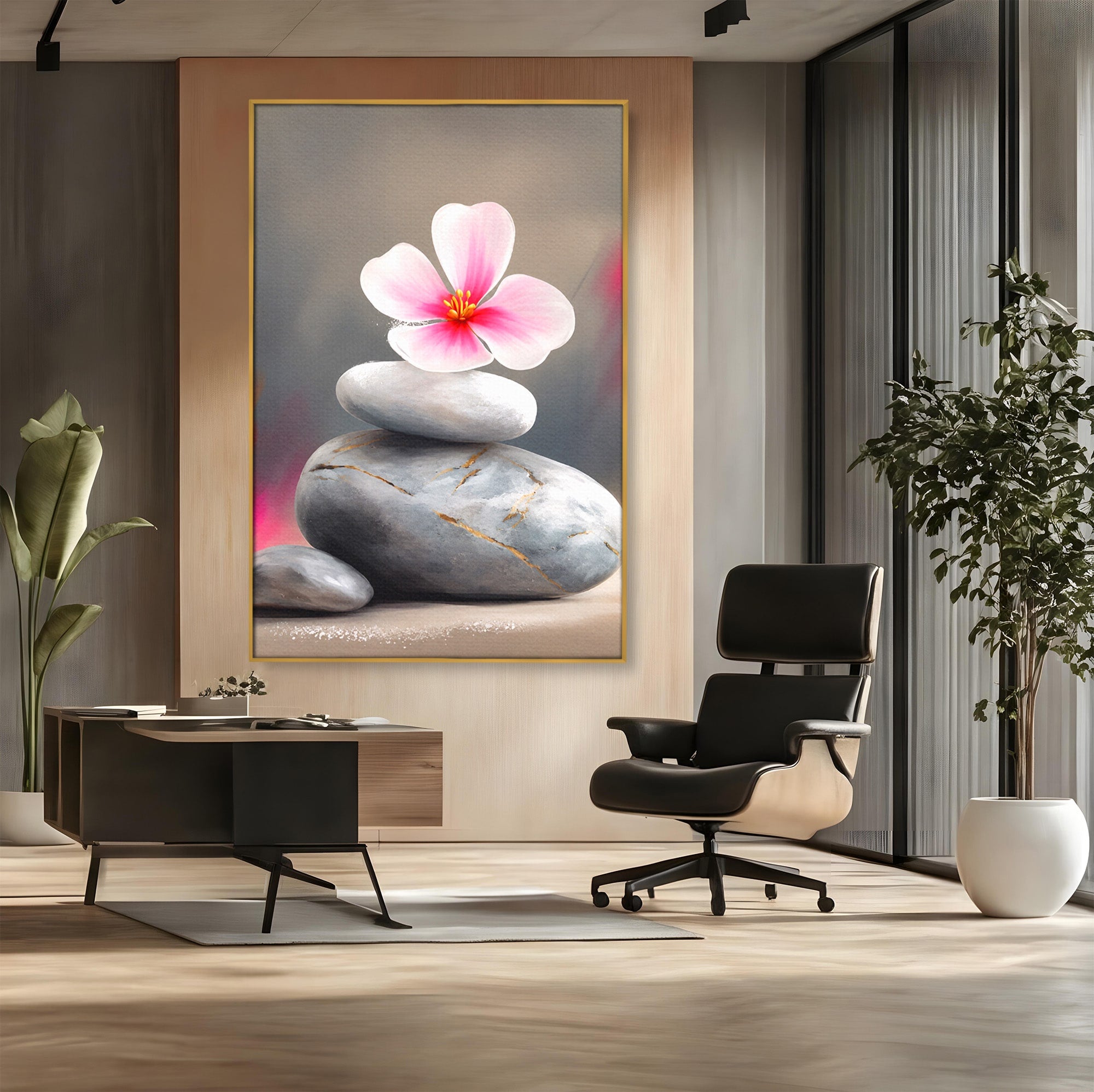 Tablou Canvas Premium LuxCanva® C1173, Floare De Cires Pe Pietre, Floare, Pietre, Zen, Armonie, Meditatie, Dormitor, Living, Culori Vibrante