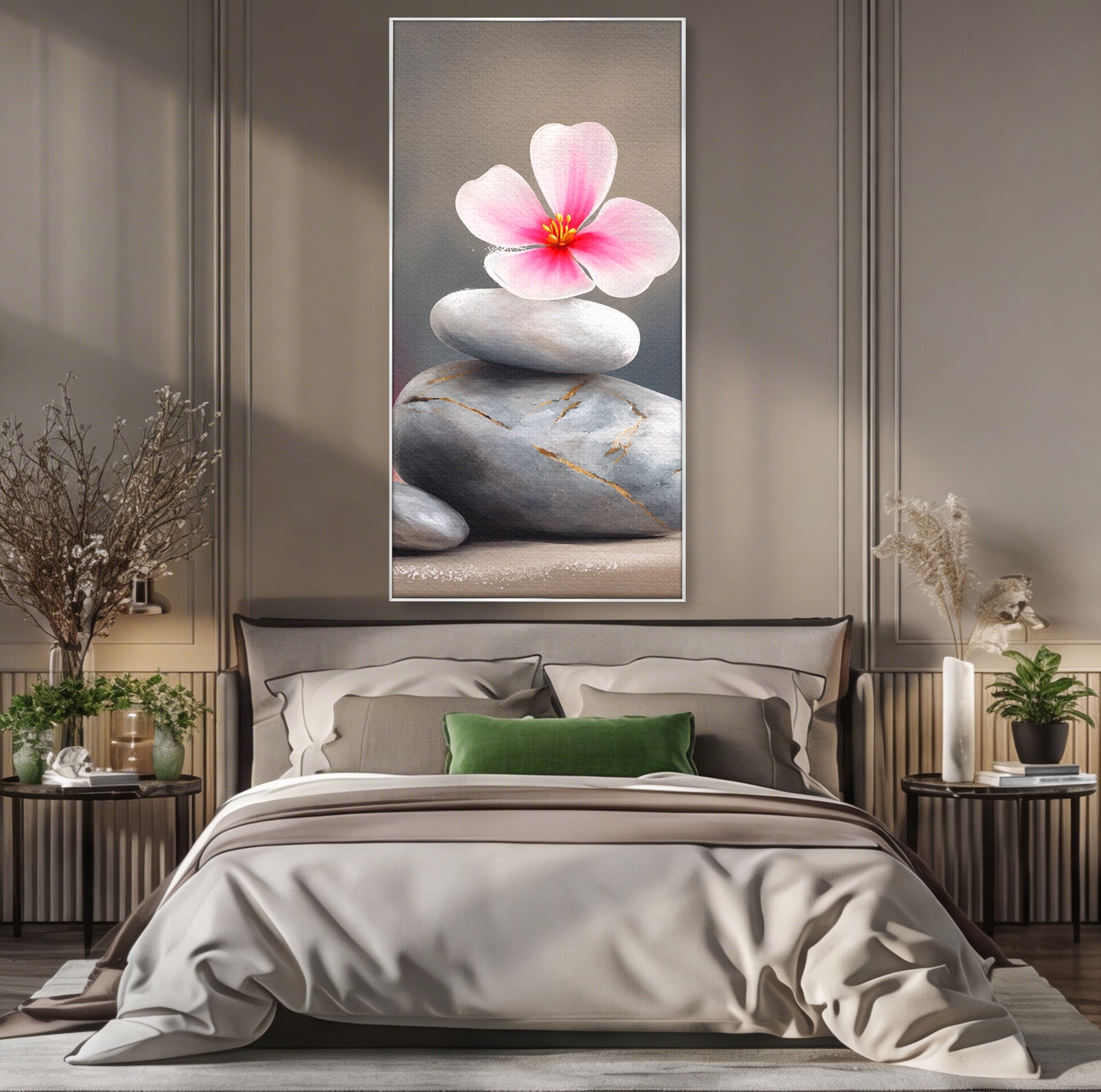 Tablou Canvas Premium LuxCanva® C1173, Floare De Cires Pe Pietre, Floare, Pietre, Zen, Armonie, Meditatie, Dormitor, Living, Culori Vibrante