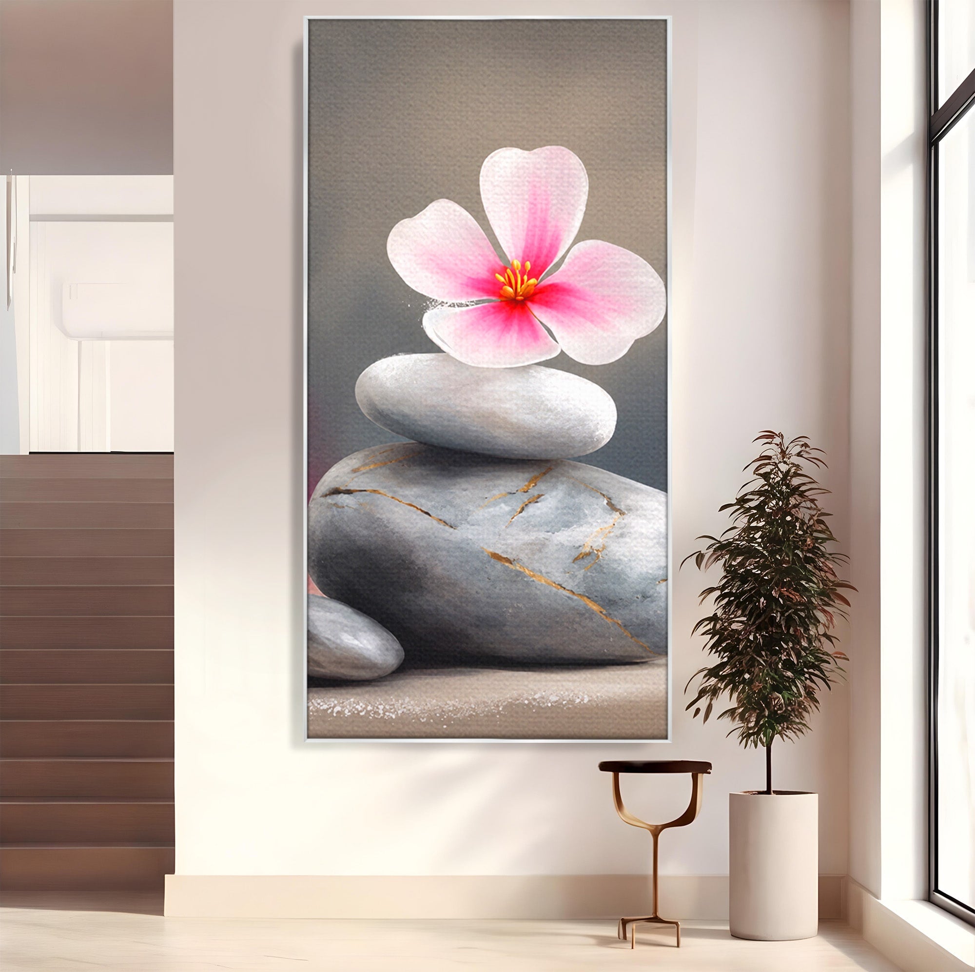 Tablou Canvas Premium LuxCanva® C1173, Floare De Cires Pe Pietre, Floare, Pietre, Zen, Armonie, Meditatie, Dormitor, Living, Culori Vibrante